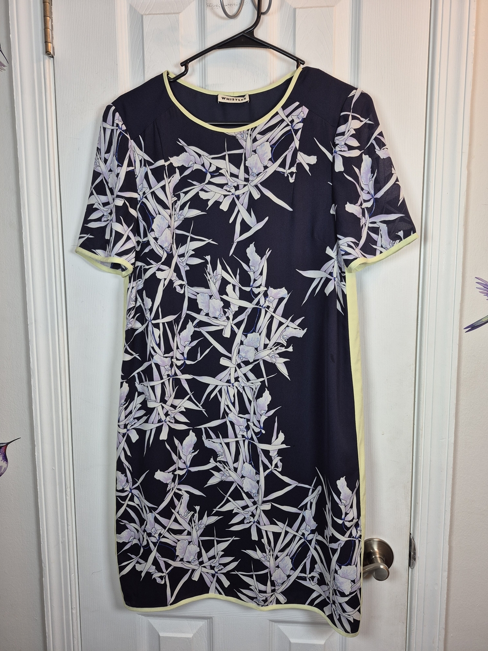 Whistles London Silk Orchid Shift Dress Navy Blue Yellow Accent US 4